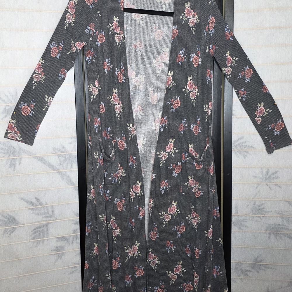 LuLaRoe Floral Cardigan - Gray with Red and Blue Accents